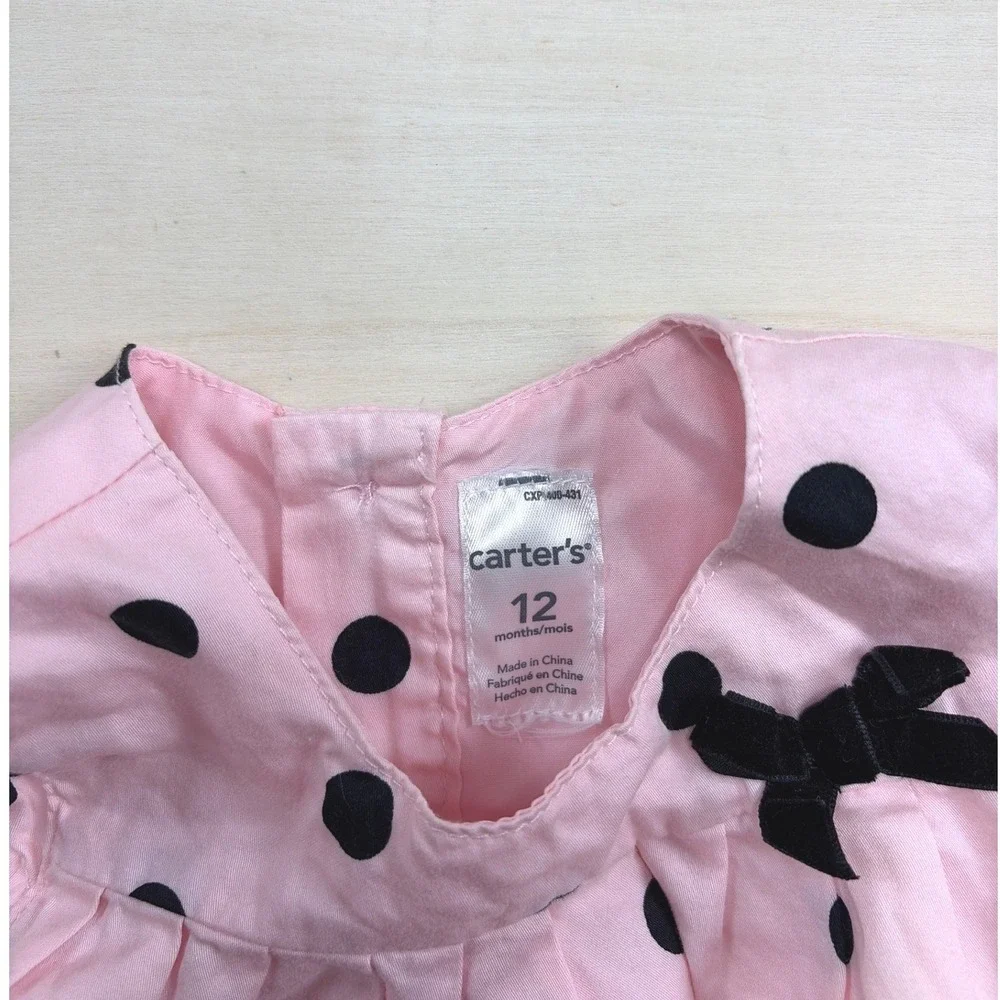 Carter's Baby Girl Pink Polka Dot Sleeveless Dress 12M Black Bow CXP400-431
